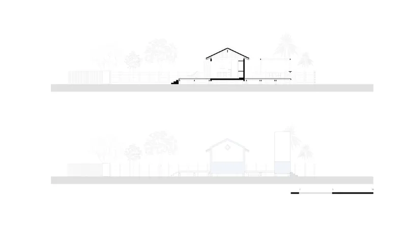 Section and elevation drawings showing the gabled roof profile and single-storey volume in context with surrounding trees