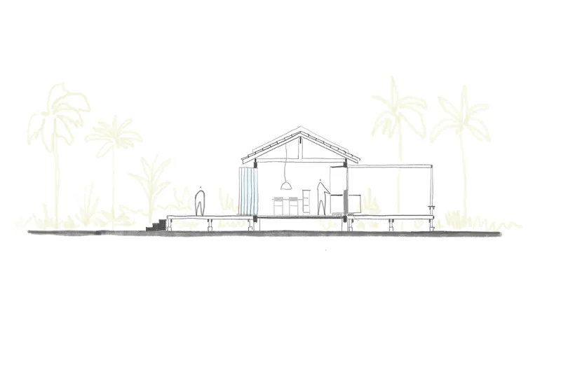 Section drawing revealing the interior spatial arrangement beneath the pitched roof with exposed trusses and palm trees outside