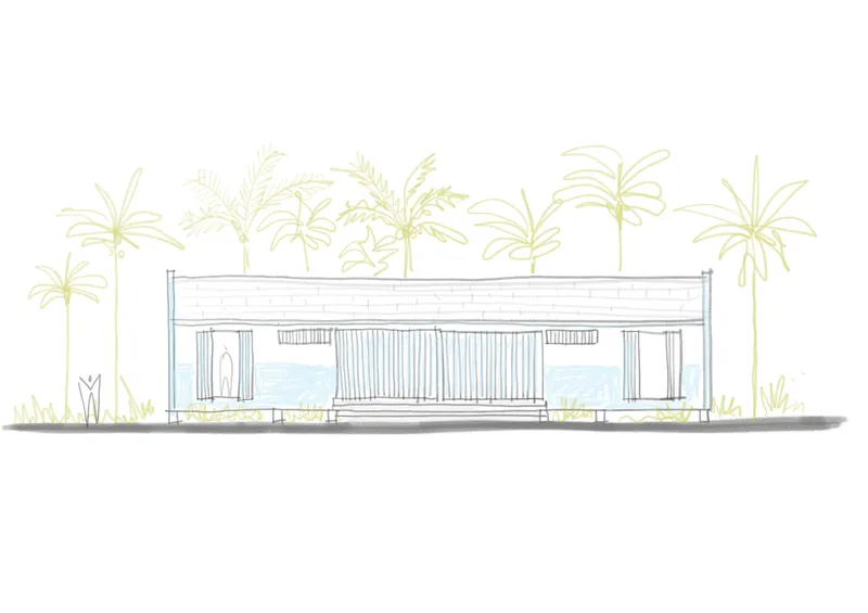 Elevation drawing of a horizontal pavilion with vertical slat screens and palm trees behind