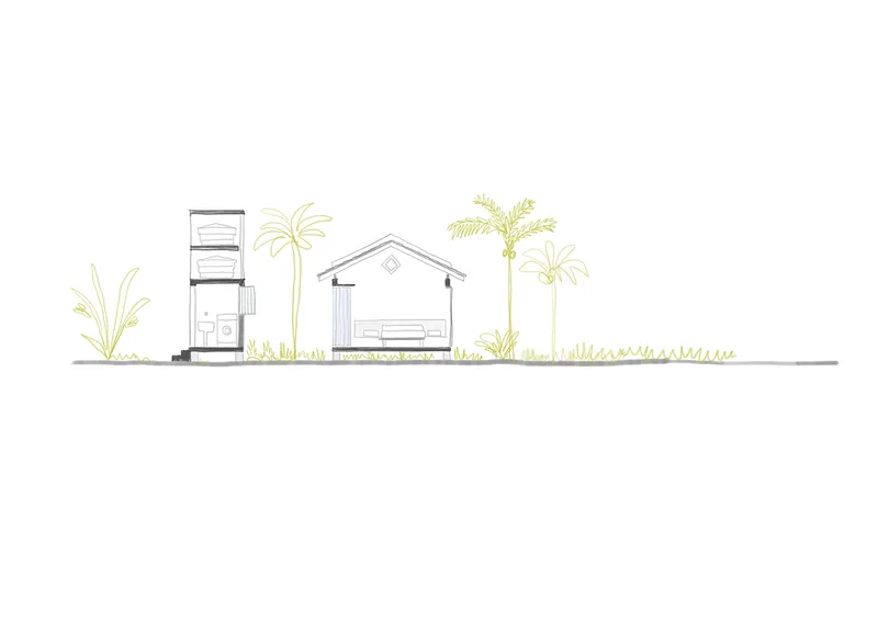 Elevation drawing showing a gabled pavilion and service tower surrounded by palm trees and grasses