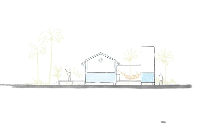 Elevation drawing of a gabled volume with a tower and hammock terrace beneath palms