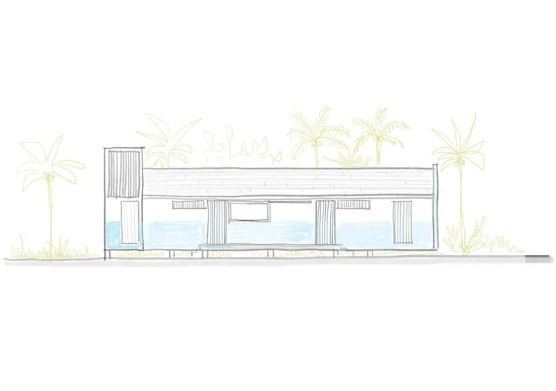 Elevation drawing showing a low-slung structure with slatted screens and glazed openings among palms
