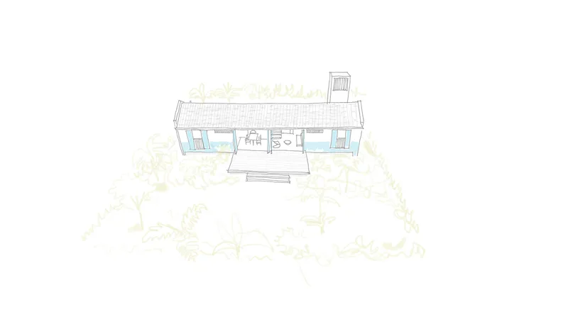 Axonometric drawing of a single-story pavilion with a central courtyard in planted landscape
