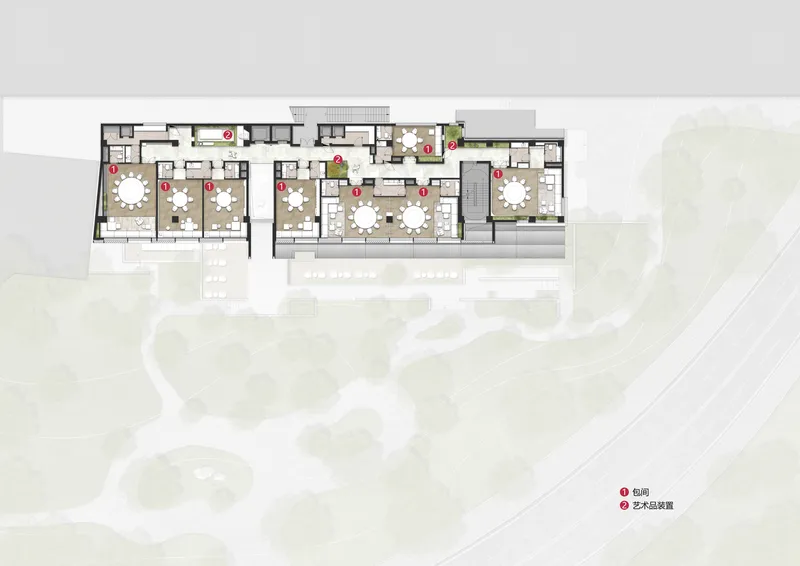 Floor plan drawing depicting a series of meeting rooms and open workspaces arranged along a central circulation spine