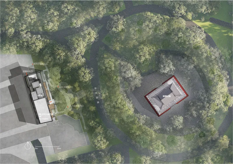 Site plan drawing showing a red-outlined pavilion surrounded by tree canopy and adjacent building volumes
