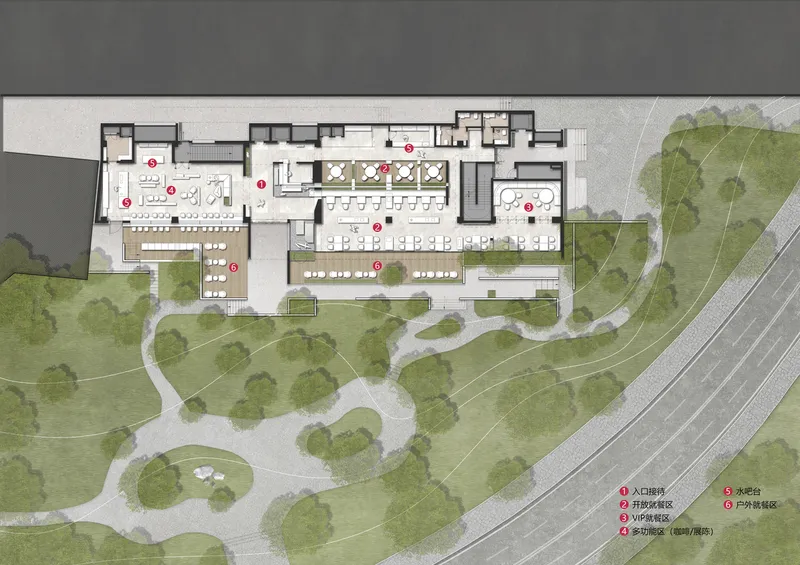 Site plan drawing showing a linear building set within curved landscape paths and tree canopy