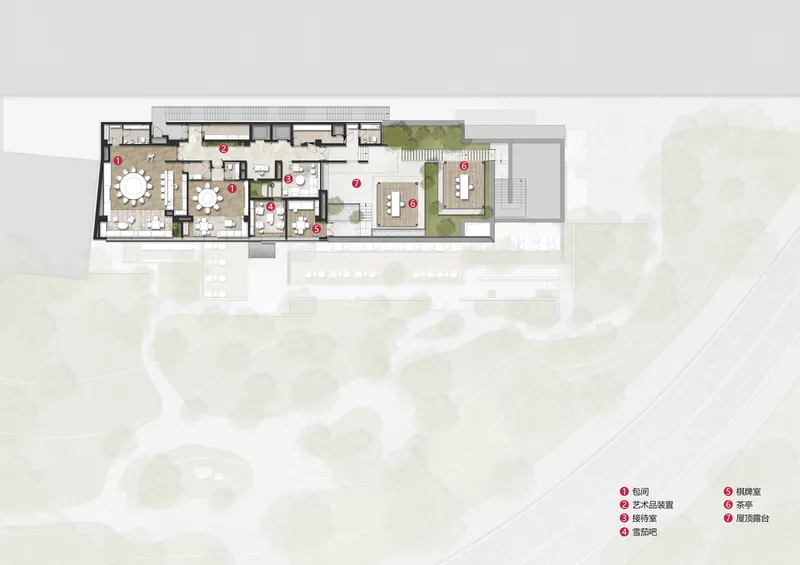 Floor plan drawing illustrating interior rooms arranged alongside a planted courtyard and outdoor dining area