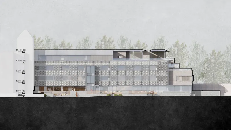 Section drawing revealing the stepped profile of a multi-story building with perforated facade panels and trees beyond