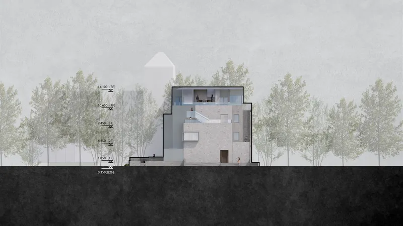 Section drawing showing interior volumes with a staircase linking multiple levels and trees flanking the structure