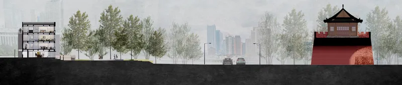 Elevation drawing depicting the streetscape with mature trees and a red pavilion against a hazy skyline