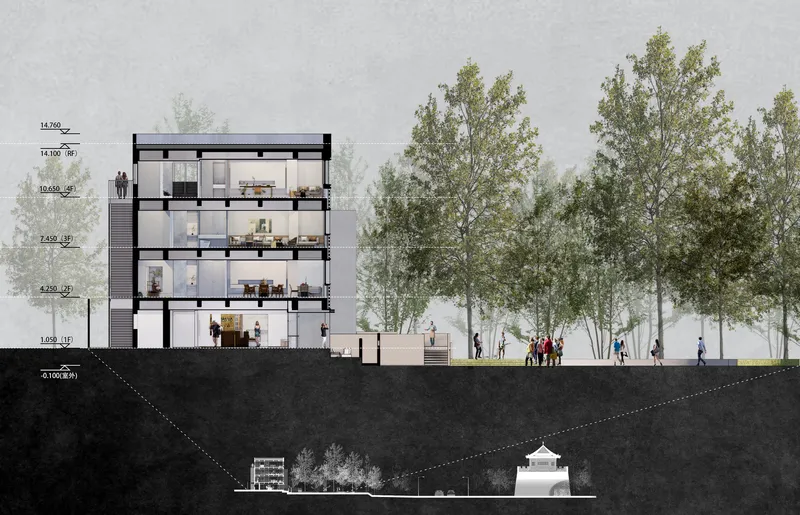 Section drawing showing a four-storey building adjacent to a historic red pavilion with pedestrians and trees