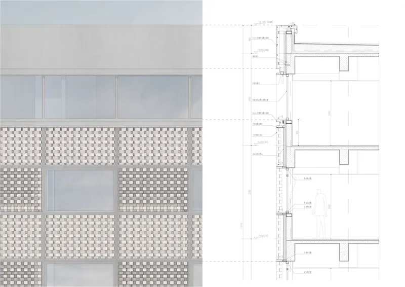 Facade detail showing woven white brick panels alongside a sectional drawing of the floor-to-ceiling assembly