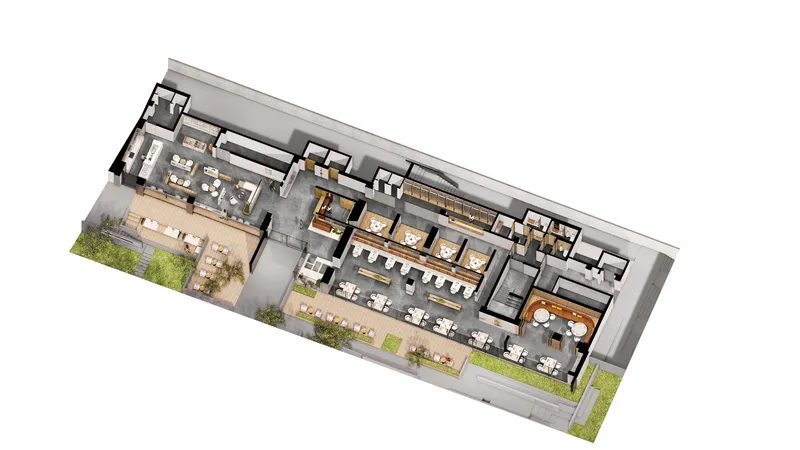 Axonometric cutaway view of one floor showing open office spaces with green terraces on both ends