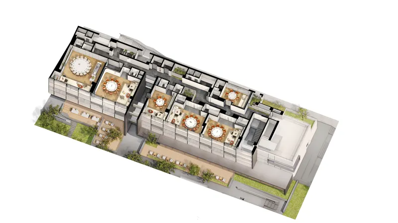 Axonometric view showing office zones and meeting rooms flanking communal dining spaces with circular light fixtures