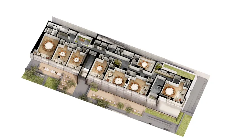 Axonometric view of a floor with dining areas arranged around circular pendant lights and planted terraces