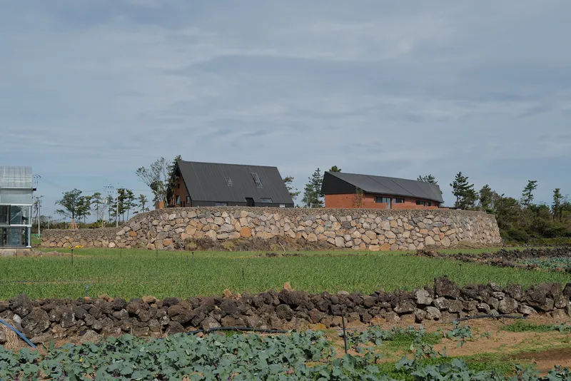 Two dark-roofed volumes atop a stone retaining wall rising from terraced agricultural fields