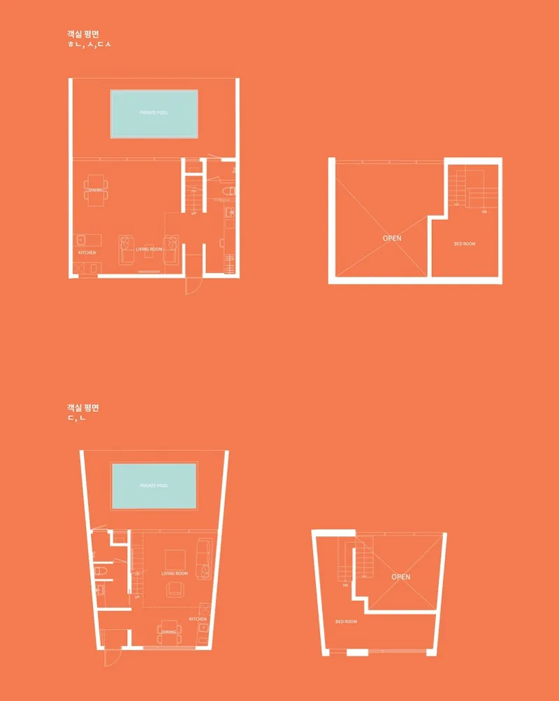 Floor plan drawings showing two levels with living room, kitchen, and mezzanine bedroom arrangements