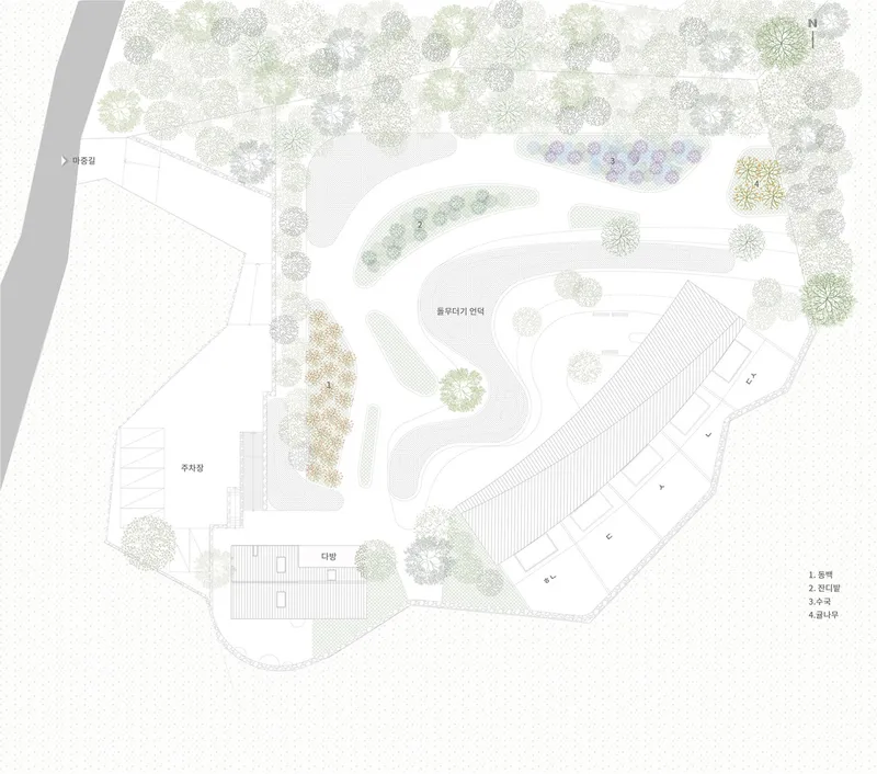 Site plan drawing depicting linear residence surrounded by curving pathways and scattered tree planting