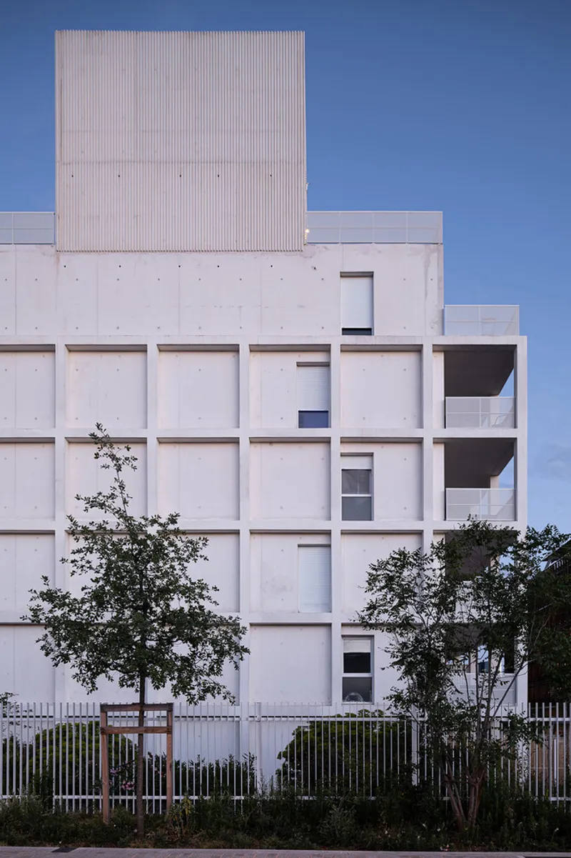 Rear elevation with grid of recessed balconies in white concrete and vertical slat fence at dusk