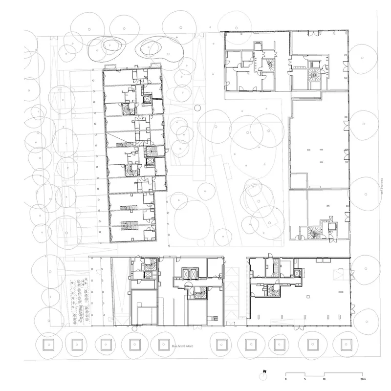 Ground floor plan drawing showing residential blocks arranged around shared courtyard spaces with tree canopy circles