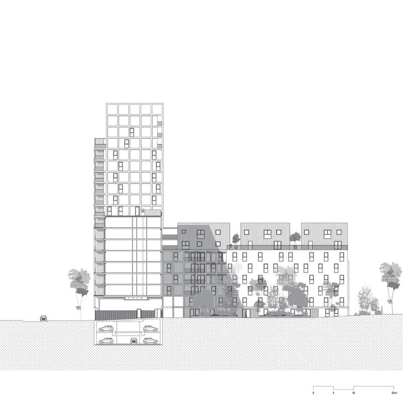 Elevation drawing showing a tall tower and low-rise residential blocks with underground parking beneath the street
