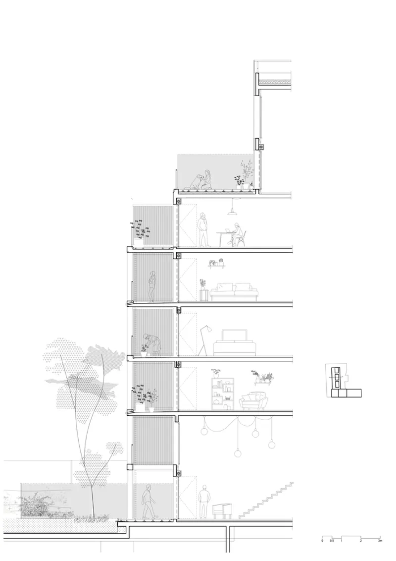 Section drawing through residential tower showing stacked units with balconies, tree planting, and inhabited interior spaces