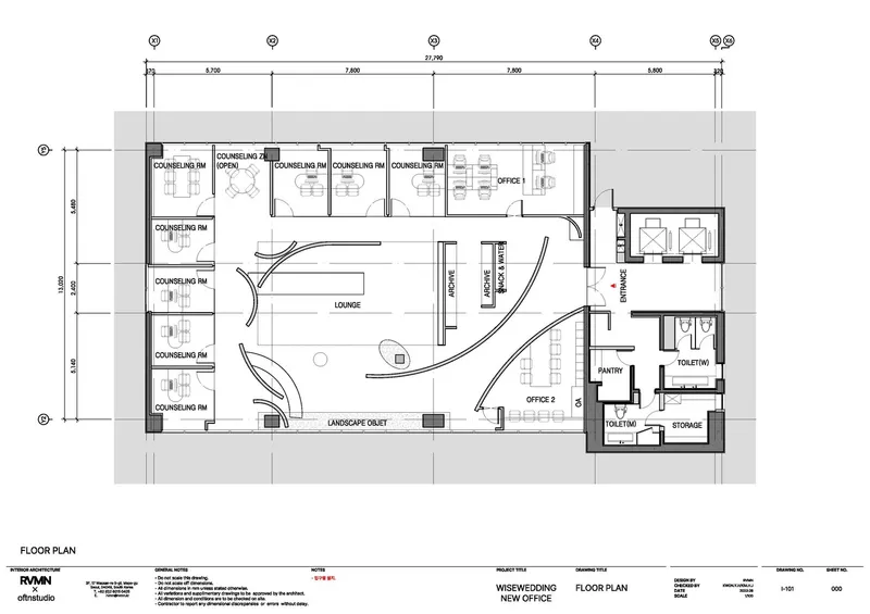 Floor plan drawing showing a central lounge with curved partitions and counseling rooms lining the upper edge