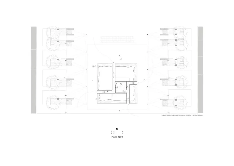 Site plan drawing showing central courtyard surrounded by building elevations and detail sections