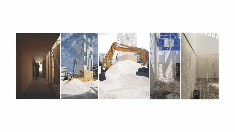 Excavator loading salt aggregate beside a translucent blue glass tower on site