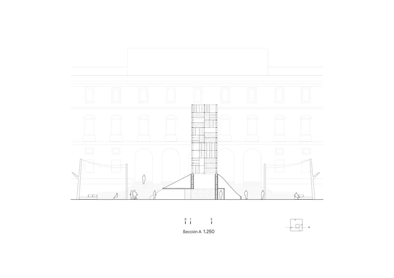 Section drawing showing a central tower rising between two existing buildings with people in the courtyard