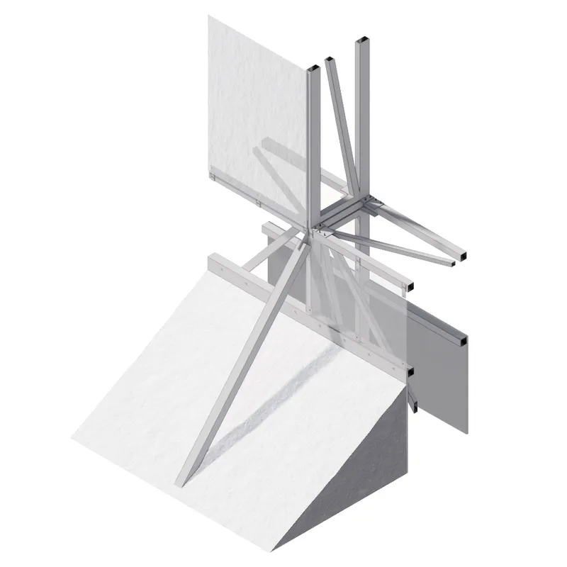 Axonometric detail of steel frame members connecting at a central node with panel infill