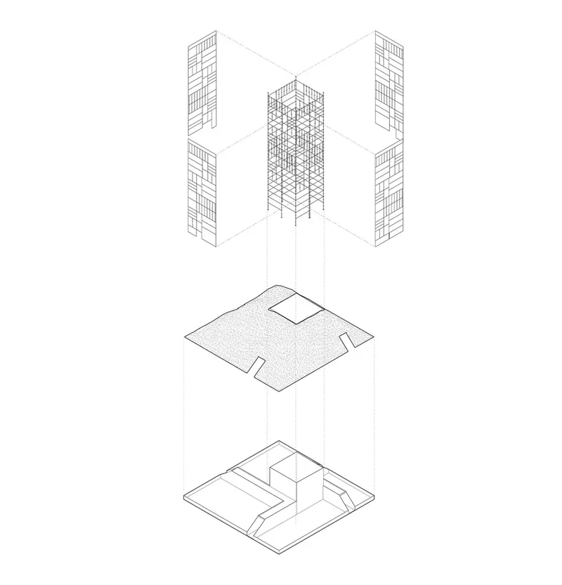 Exploded axonometric drawing showing the layered assembly of tower structure, roof plane, and ground level