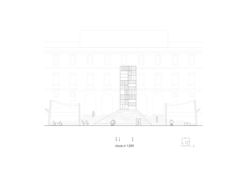 Elevation drawing depicting the vertical tower element inserted between two symmetrical existing facades