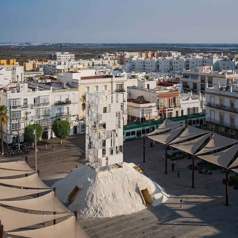 Aerial view of the timber lattice tower and salt mound in the town square