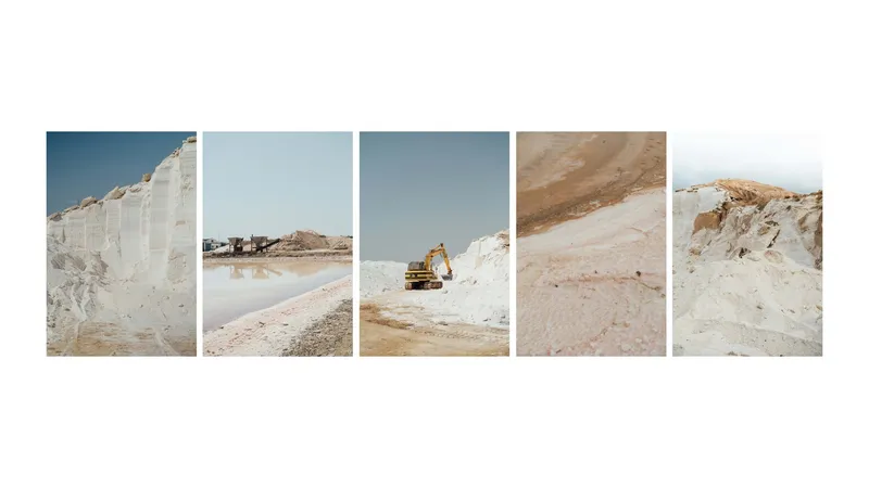 Salt quarry with excavator working among white mineral deposits under a clear sky