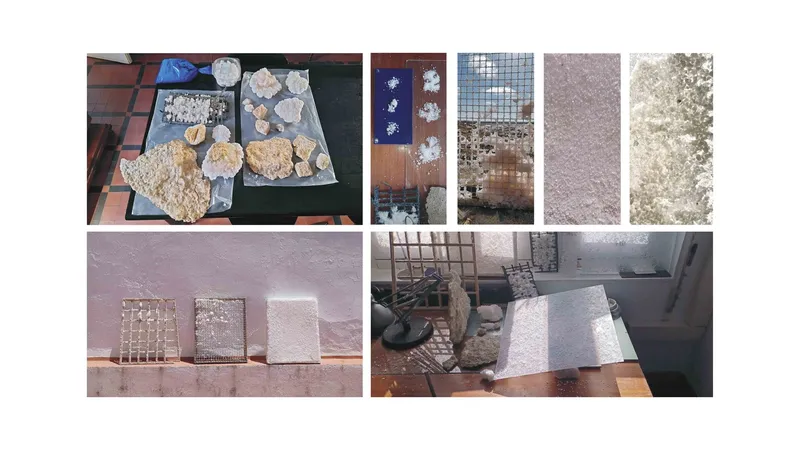Material study board displaying salt crystal samples and translucent panel mockups on a worktable