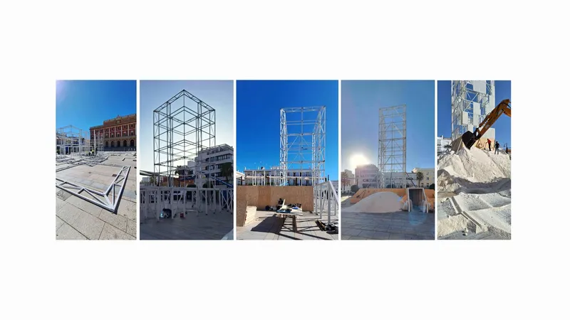 Steel frame pavilion structures installed in a public plaza during construction