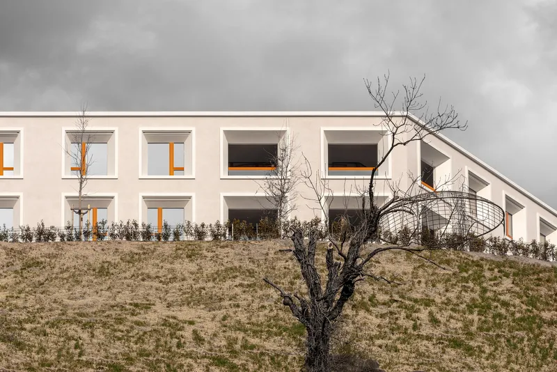 Building edge showing the curved corner volume and bare tree on a grassy slope under stormy clouds