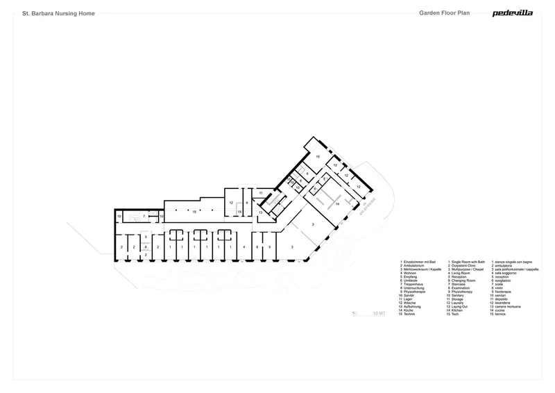Garden floor plan showing angled wing with rooms flanking a central corridor and courtyard spaces