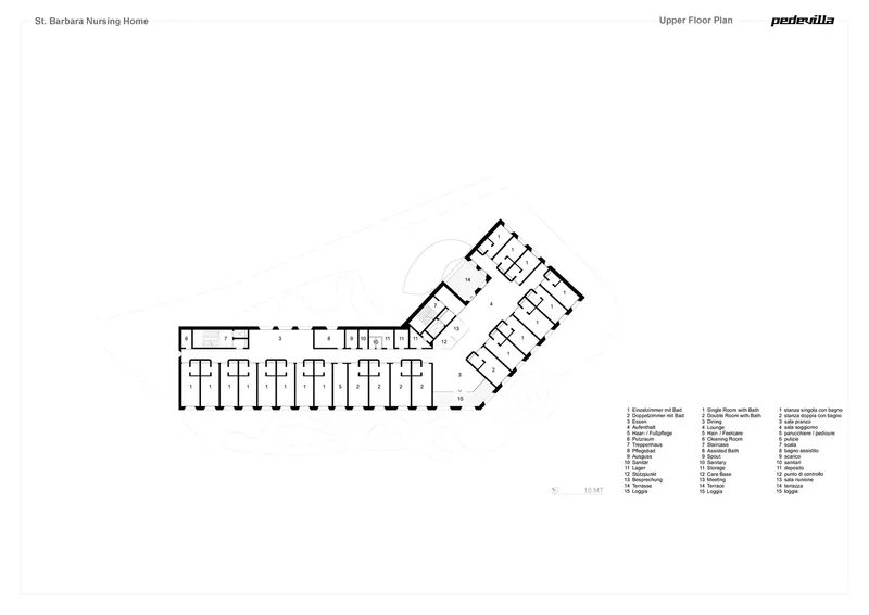 Upper floor plan showing reduced footprint with angled wing containing clustered rooms and circulation core