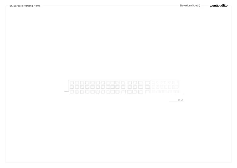 South elevation drawing depicting a low horizontal volume with rhythmic window openings on sloped terrain