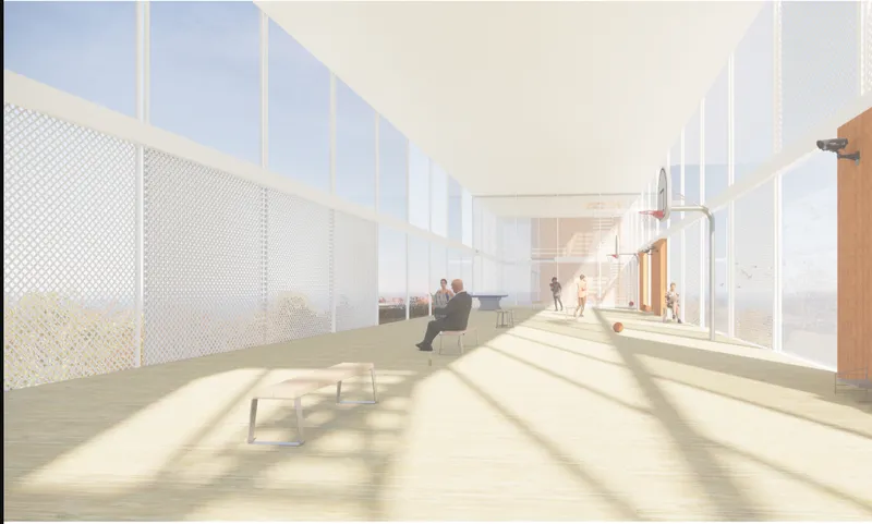 Interior lounge area with perforated metal screen, full-height glazing, and strong diagonal shadows from afternoon sun