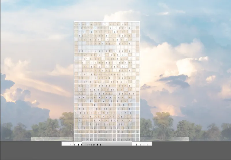 Elevation drawing of the tower with chequered facade pattern rising above trees against a cloudy sky