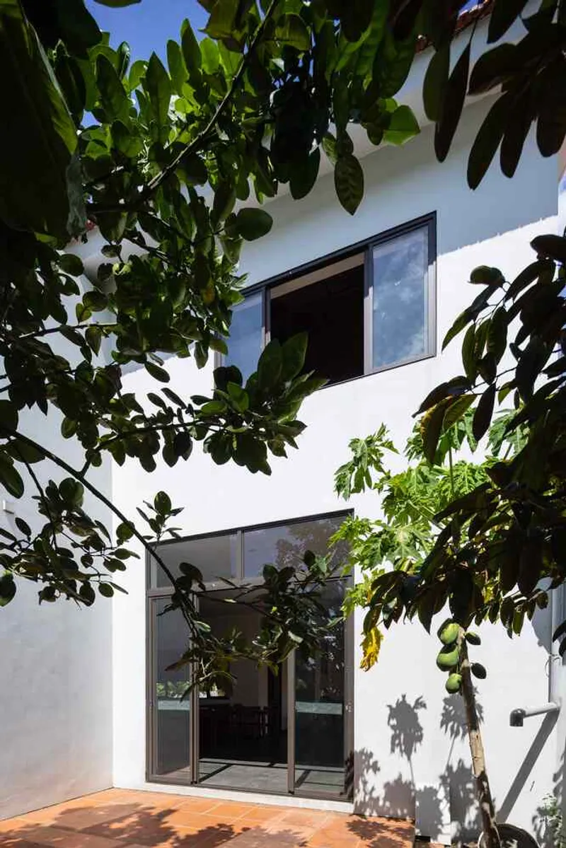 White stucco facade with glazed doors and upper-level window framed by mature trees casting dappled shadows