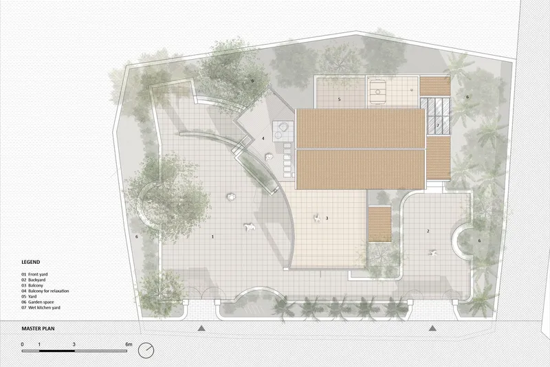 Site plan drawing showing the two-story house with angled front yard and perimeter landscaping
