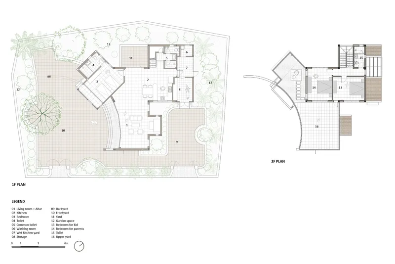 Floor plan drawings showing the ground level with angled living space and upper level bedroom arrangement
