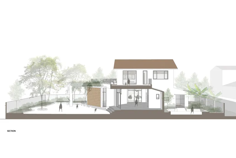 Section drawing showing the two-story house with perforated screen wall and figures on the terrace
