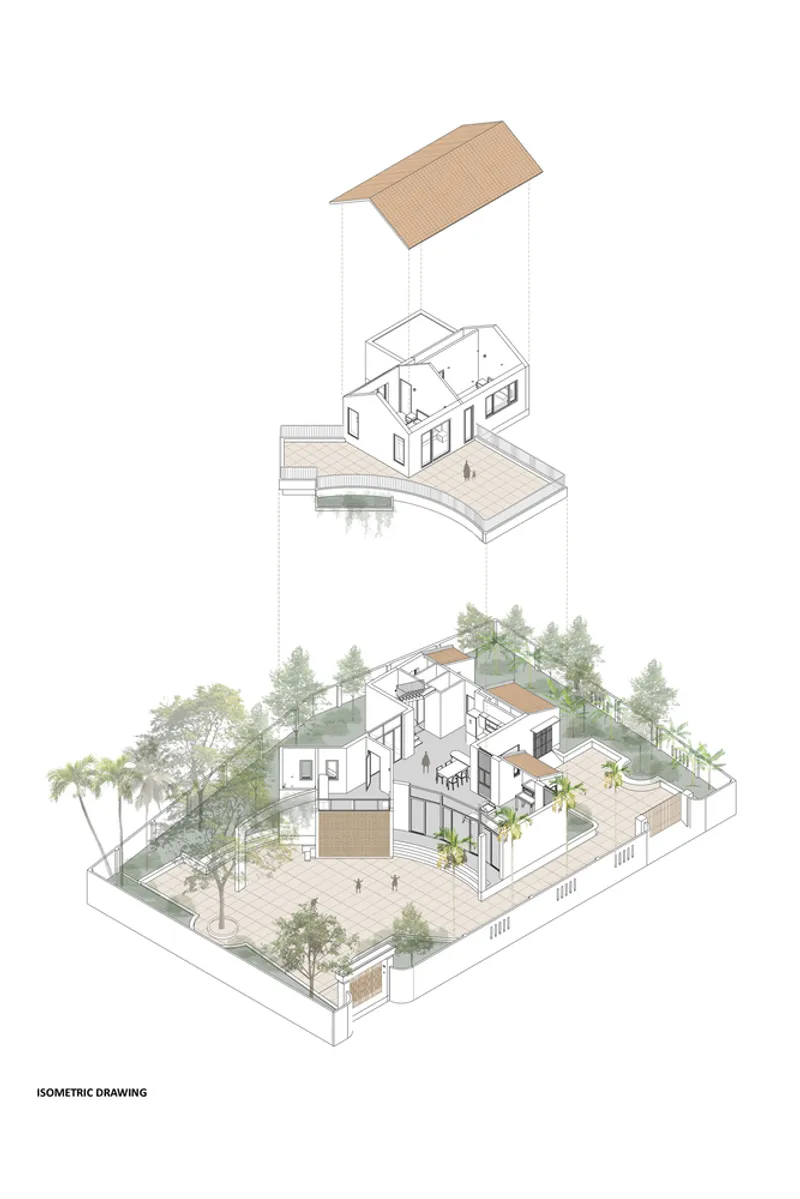 Isometric drawing showing the exploded roof volumes above the house and landscaped site below