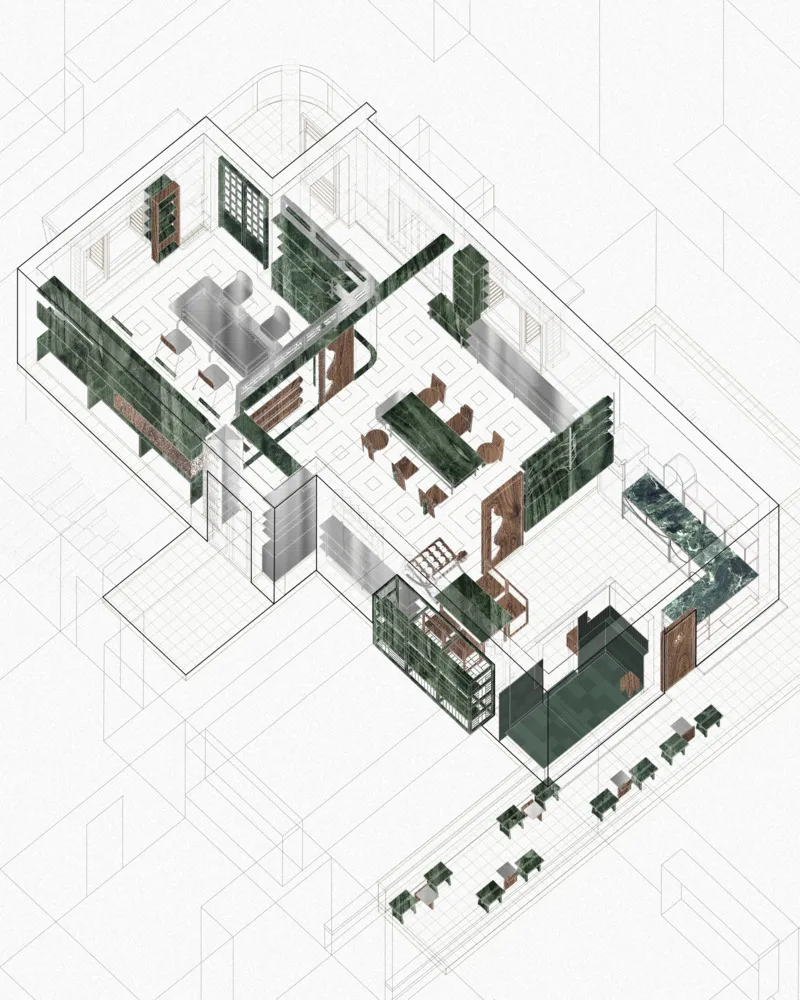 Axonometric drawing revealing interior spaces with green tiled walls and timber furniture below construction grid