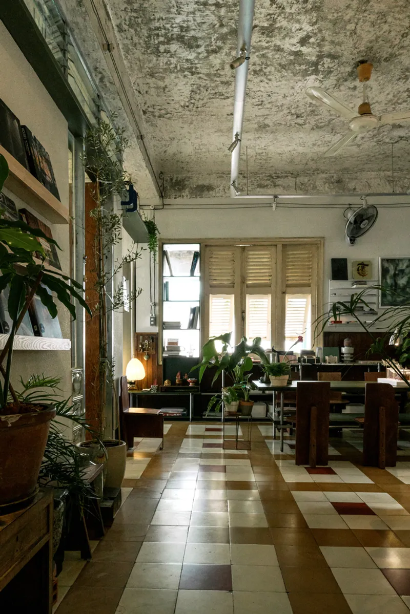 Long view through the space showing weathered concrete ceiling, louvered shutters, and potted plants along shelving